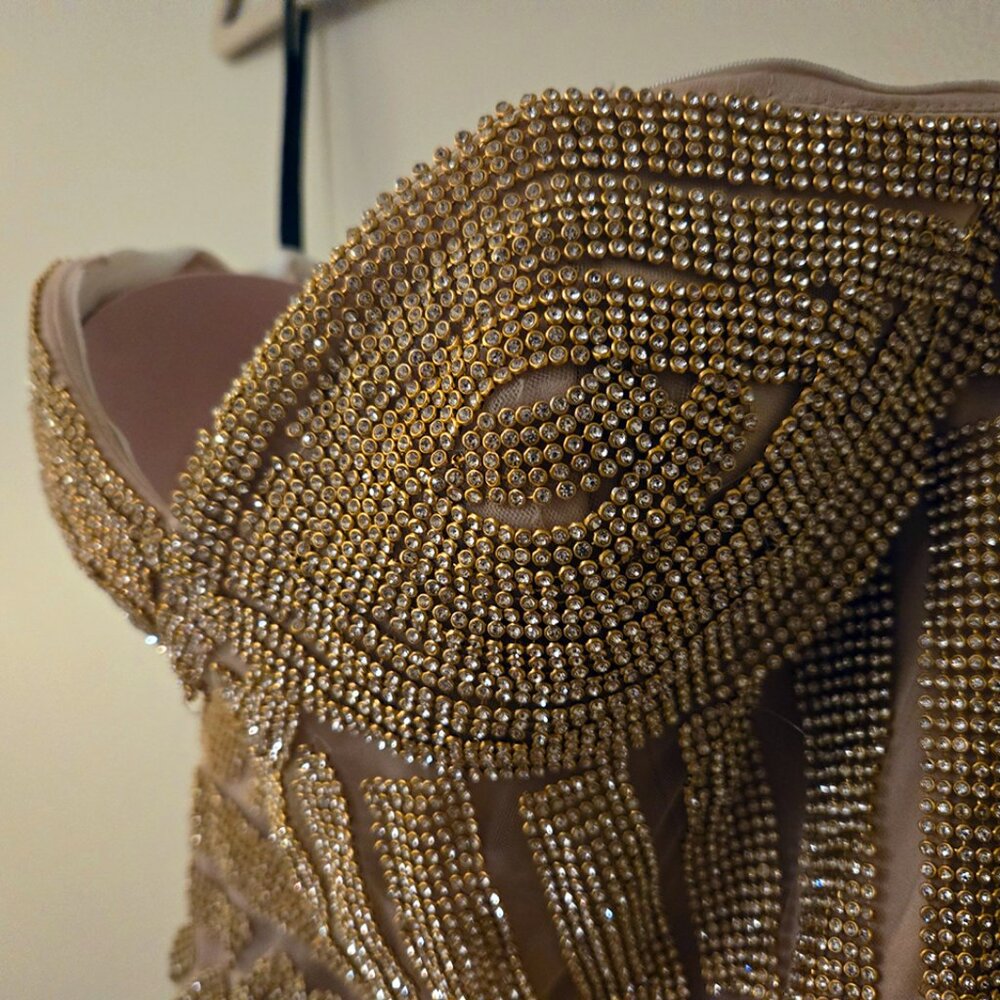 Andrea & Leo Gold Beaded Crystal Embellished Evening Strapless Gown Size 6 - Picture 4 of 13